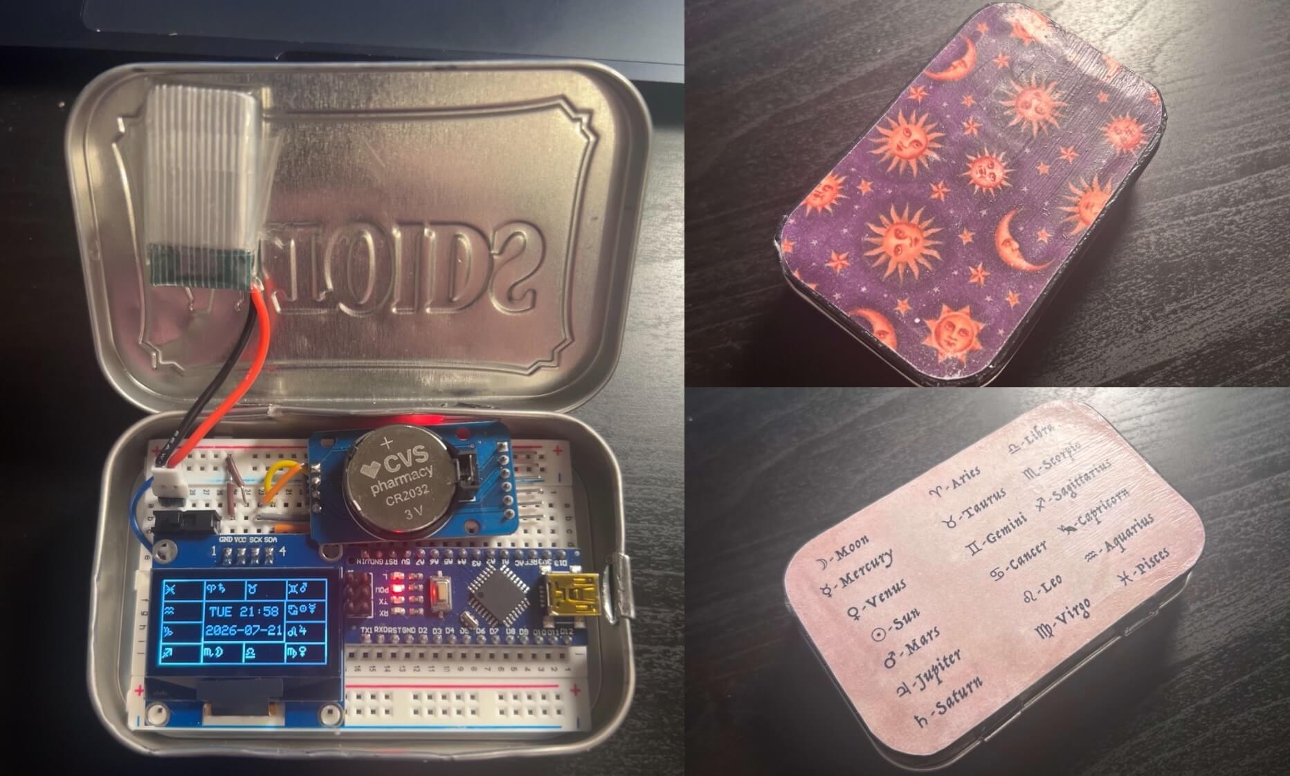 The Altoid tin astrology clock, inside and outside